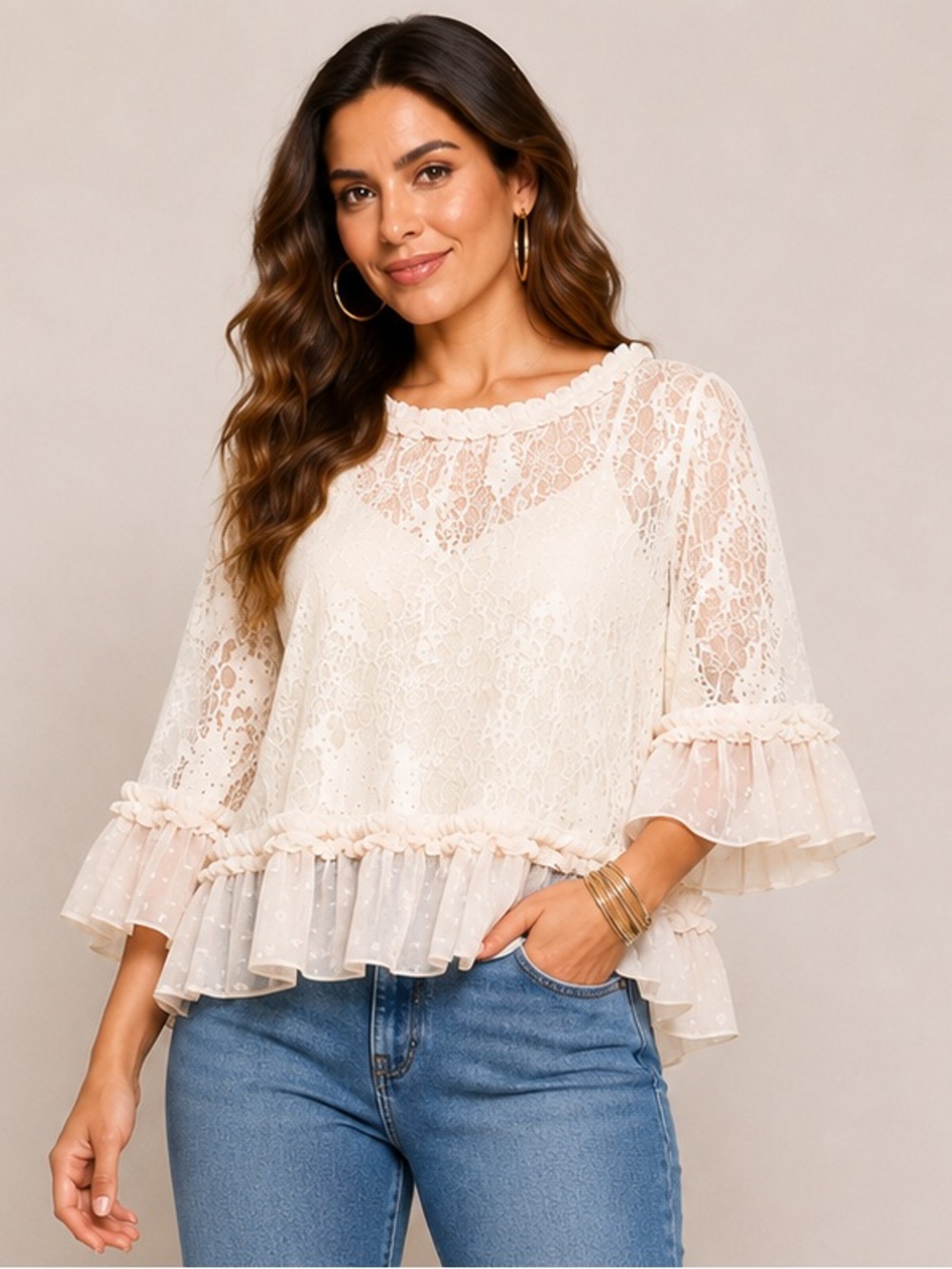 Cream Sheer Lace & Swiss Dot Ruffle Blouse with Rhinestone. Feminine Layered Top